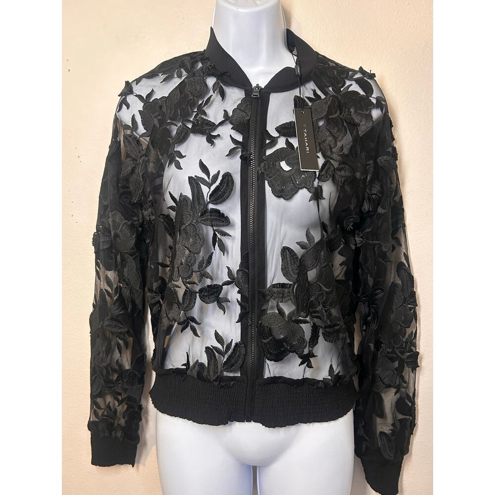 NWT TAHARI Zip Up Britney Jacket Black XS Woman floral-boho-lace-long sleeve
